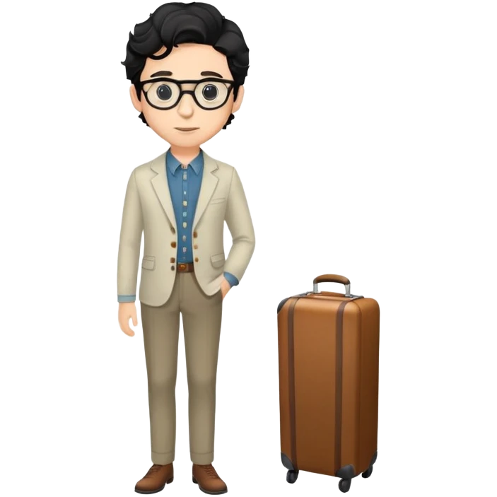 Young caucasian man with black wavy hair, round glasses, wearing semi-formal attire for theater - button-up shirt, blazer, nice pants emoji