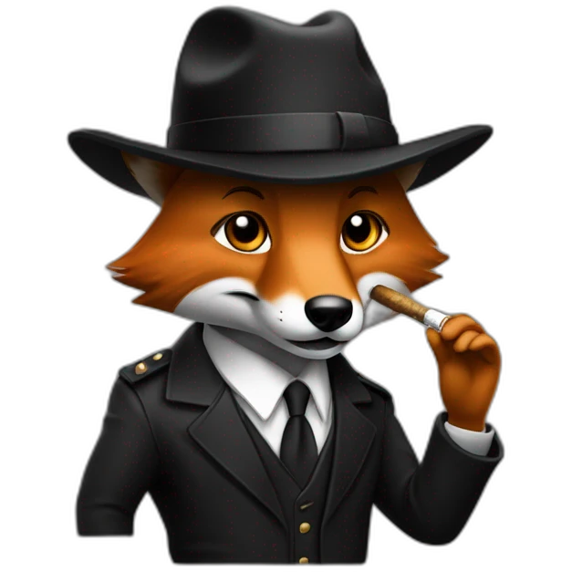 Un renard en costume noir avec une casquette plate avec un un cigare cigare emoji