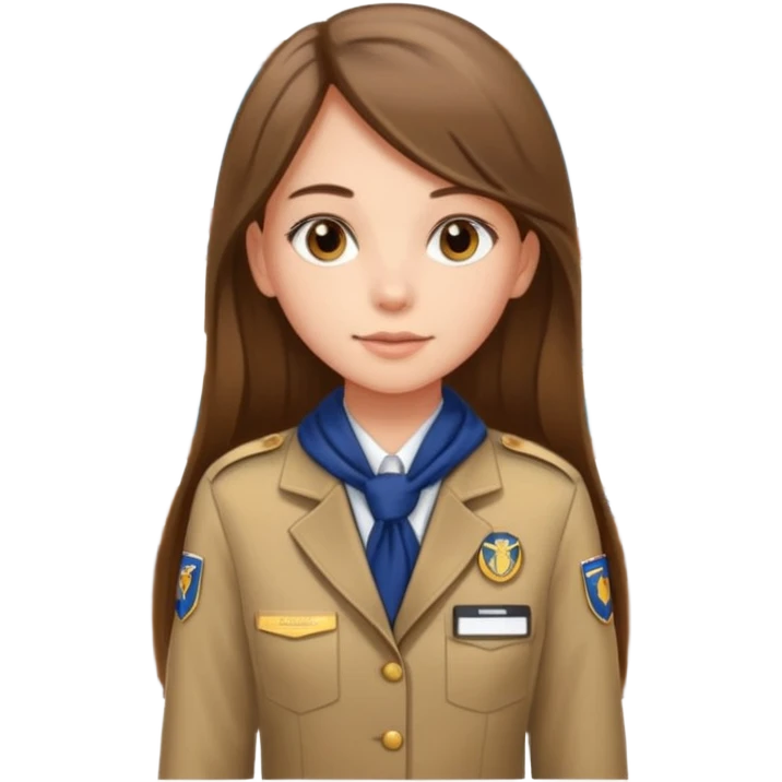 Young girl, long brown straight hair, wearing uniform jacket with hotel name badge, tasteful scarf, stand behind the desk

 emoji
