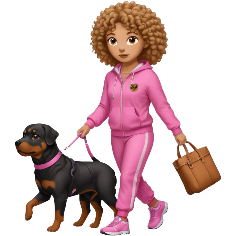 African american curly haired woman in all pink tracksuit walking big Rottweiler dog emoji