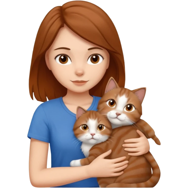 a white girl with brown and hair and a blue top hugging a siberian cat color brown, orange, gray, mixed colors emoji