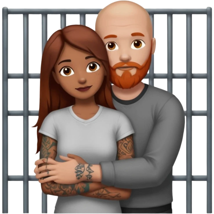 girl has no tattoo, long brown haired, brown eyed pretty girl, hugging a strong guy that is bald with a red beard and a sleeve of tattoos in jail emoji