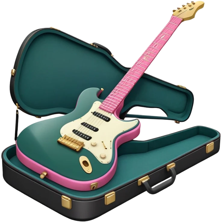 minimalist electric guitar in dark green with pink and blue stripe decal, closed inside a black rectangular hard case with gold latches, flat semi-3D style, soft matte textures, simplified details, stylized decal accent, compact artistic look emoji