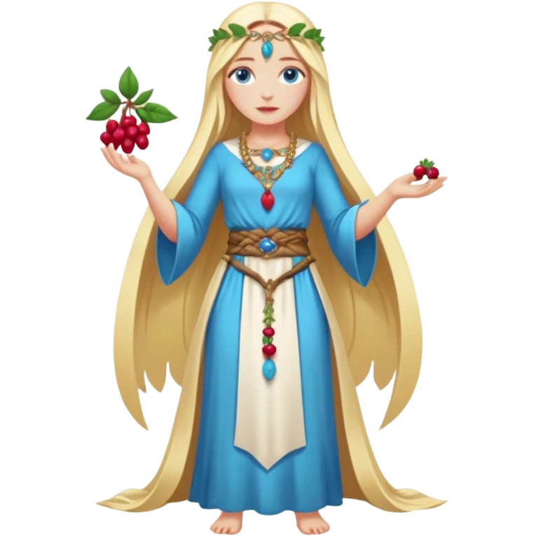 full body woman long blonde hair blue eyes white skin fruit priestess with berry belt and leaf jewelry emoji