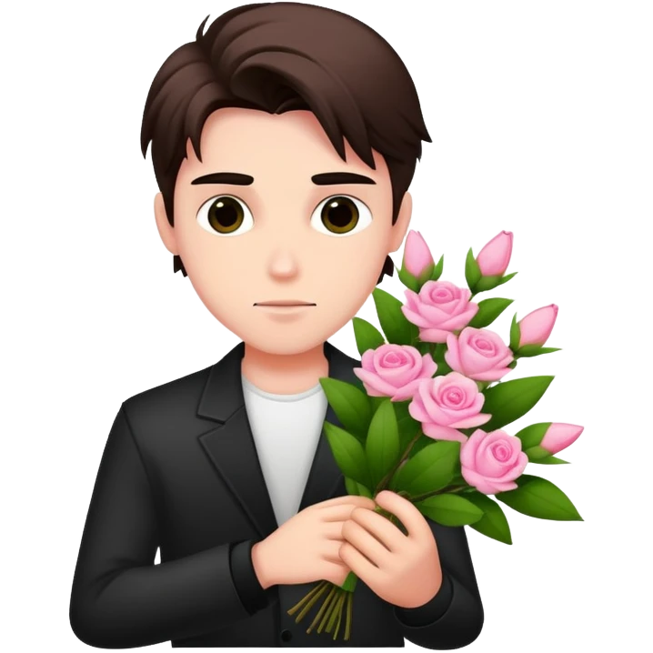 A cool bad boy with fair skin holding a bouquet of pink jasmine roses emoji