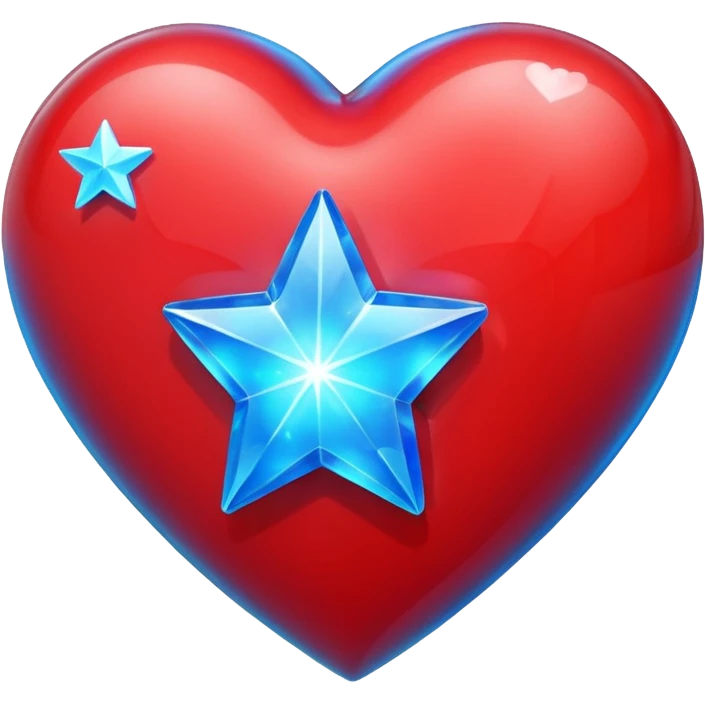 A glowing hologram of a red 3D heart with a bright blue star inside emoji