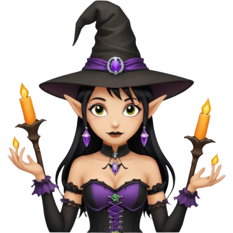 Goth and tan elf girl in witch hat and corset emoji