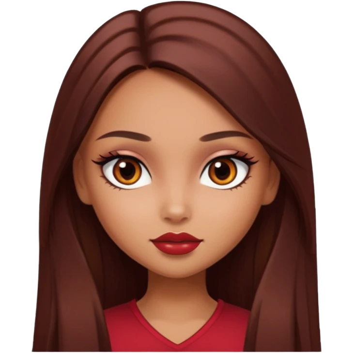 tan skin, girly bratz baddie, beautiful dark brown eyes, pretty makeup, long dark red straight hair emoji
