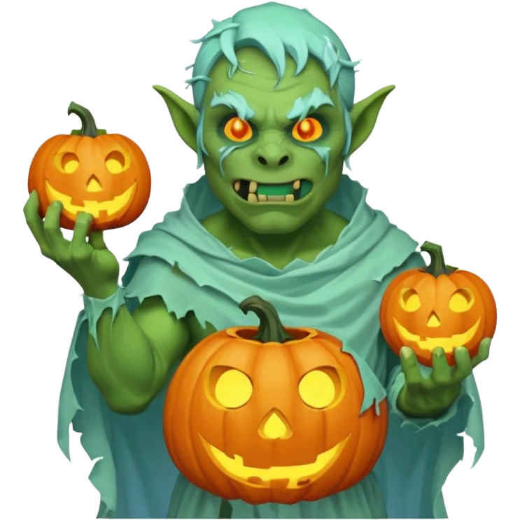 male orc ghost emoji, green skin, tusks, wearing torn white ghost sheet costume, holding glowing jack-o'-lantern, faint blue aura, friendly but spooky expression, Halloween fantasy theme, Apple emoji style, clean white background, square emoji