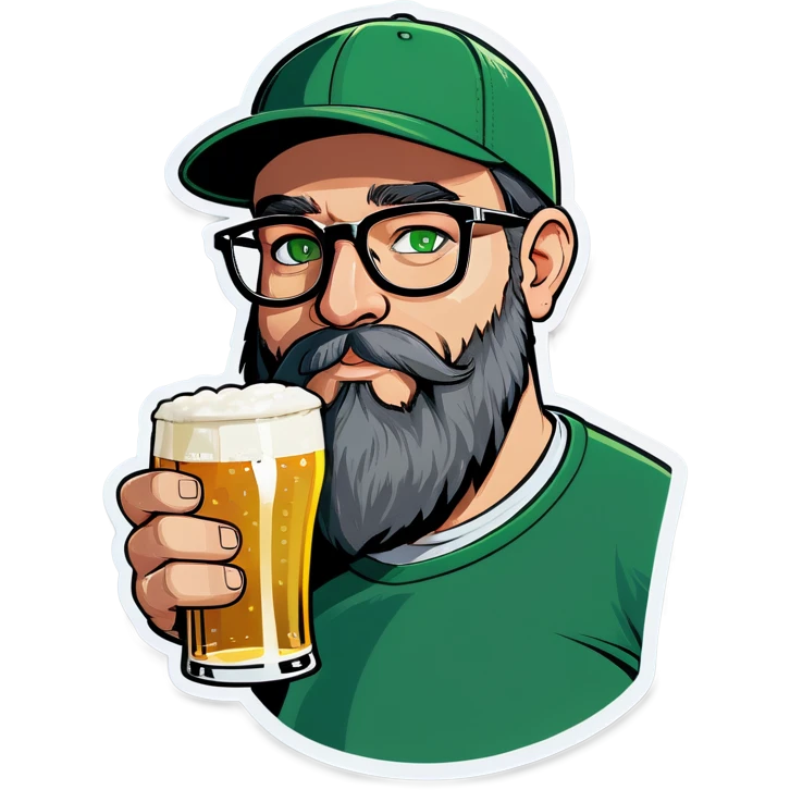 A bold man with a grey baseball cap, green eyes, big beard and glasses, drinking beer emoji