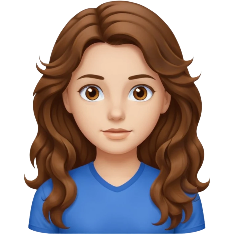 brown hair, hazel eyes, blue athletic shirt, wavy long hair pretty girl emoji