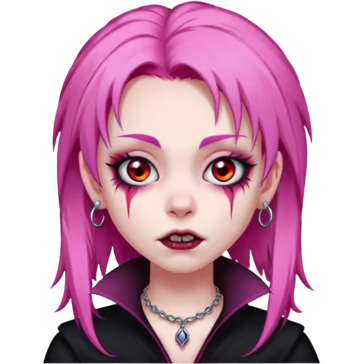girl, pale vampire, pink hair, very long, shaggy, dark, spooky,double eyebrow dermal piercing, creepy expression emoji