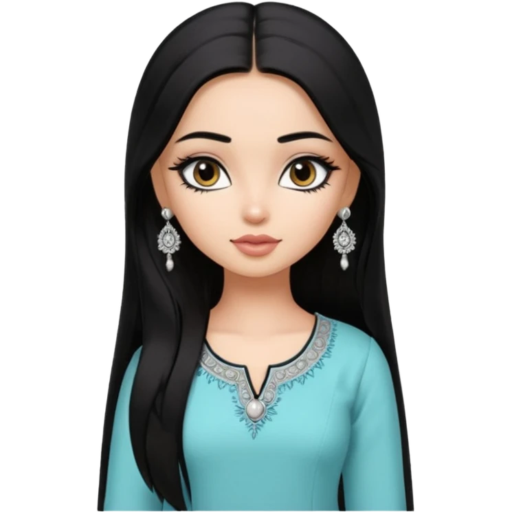generate a pretty bratz girl wearing a kurti, eyeliner on, long straight hair, silver jhumkas in ear emoji