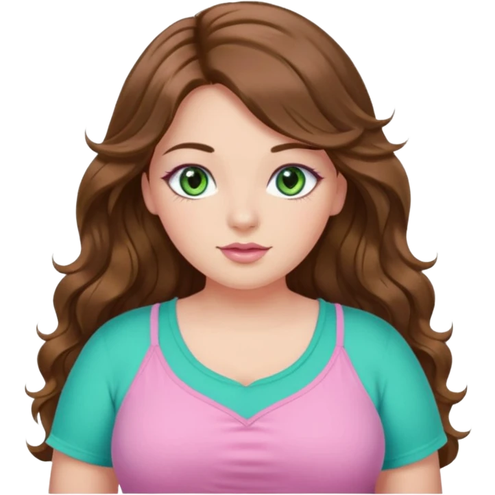 Girl girl long wavy brown hair, green/blue/gold eyes, plus size, pink girly top, eyelashes emoji