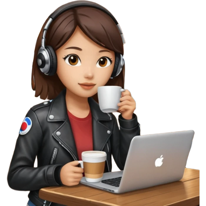 A Korean girl at a dive bar with a laptop and headphones on holding a cup of coffee emoji