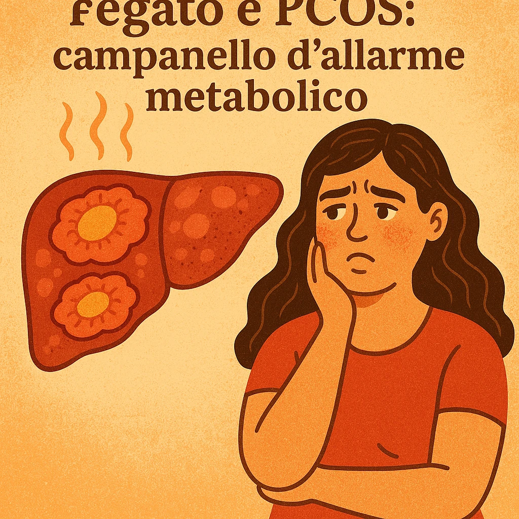 symbolic scene, stylized liver with swollen and inflamed areas, next to a woman with PCOS looking worried, Italian text: 'Fegato e PCOS: campanello d’allarme metabolico', warm colors, 4K quality emoji