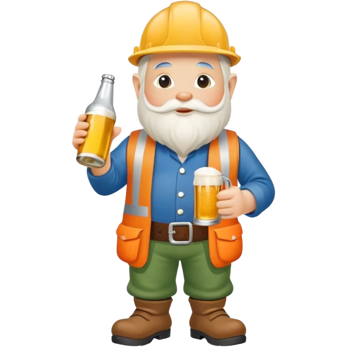 Garden gnome wearing construction clothes holding a bottle of beer emoji