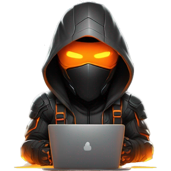  developer behind his laptop with this style : crysis Cyberpunk Valorant orange glowing bright orange character orange black hooded assassin themed character emoji