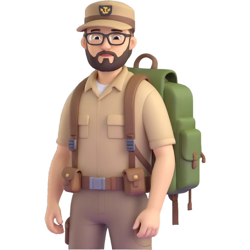 adventurer with goatee beard (no beard on cheeks), short hair, glasses, backwards military tan cap and backpack emoji