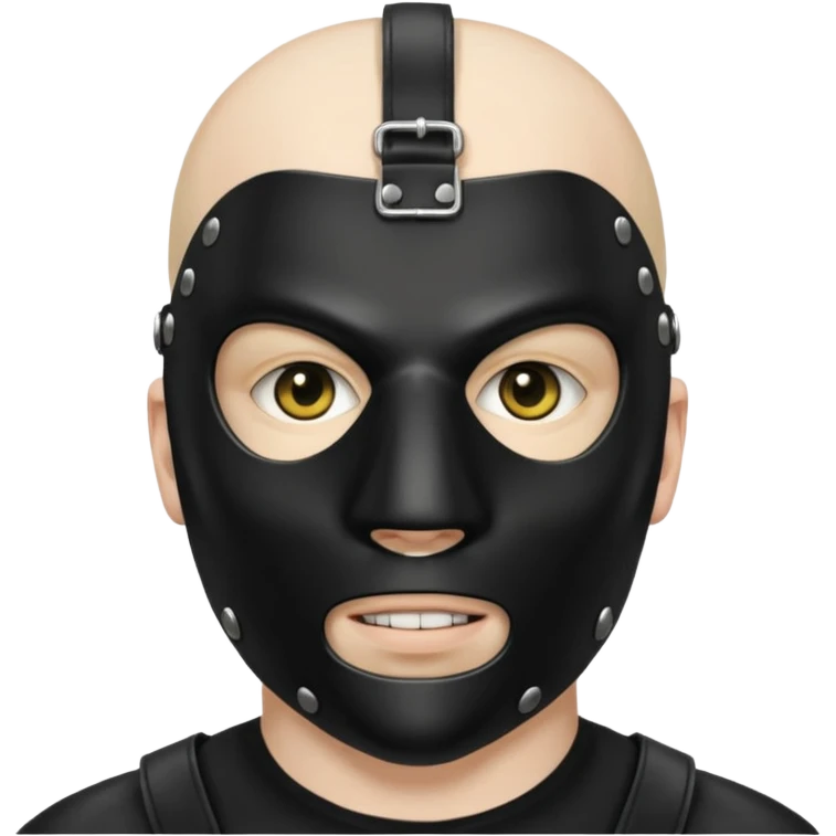 bdsm slave black leather fullhead mask, no metallic details on a white man, no gold, no metal, no yellow emoji