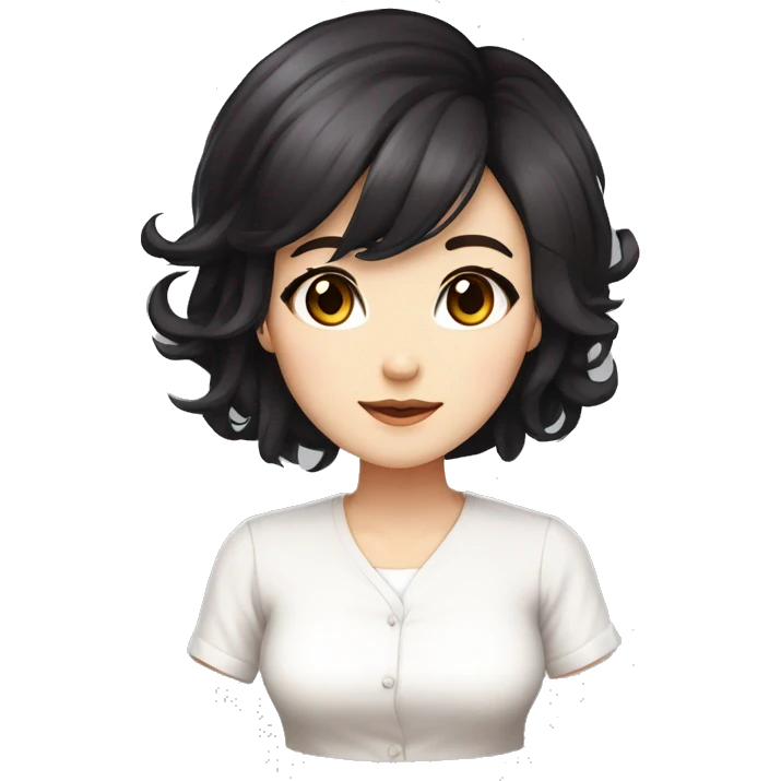 masterpiece, anime style, chibi, illustrated logo, medium short shot, emote for twitch of a 45 year old woman, oval face, black hair, brown eyes, white skin, white shirt, long hair
 emoji