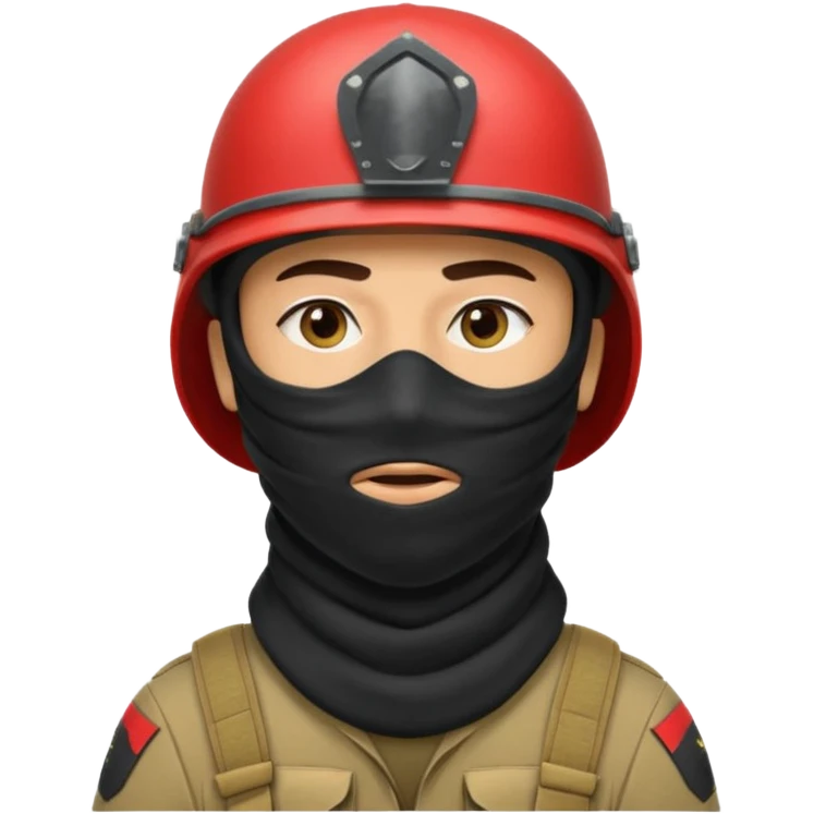 
an Iraqi soldier with a serious face, wearing a helmet and a balaclava covering his mouth emoji