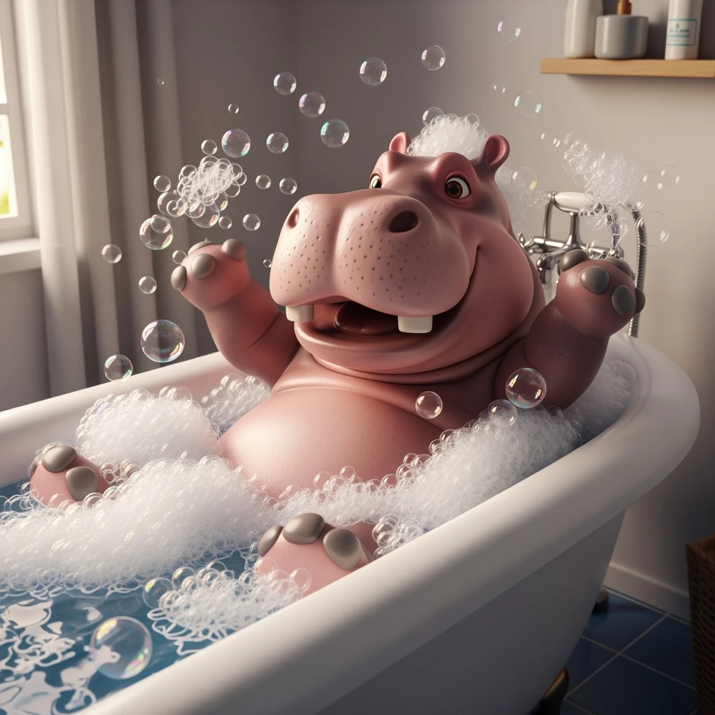 happy hippo with bubbles in bathtub emoji