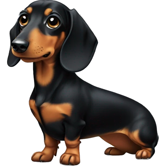 Black and tan dachshund with a short nose with a  patch of white on the chest, bombastic side eye, long hair  emoji