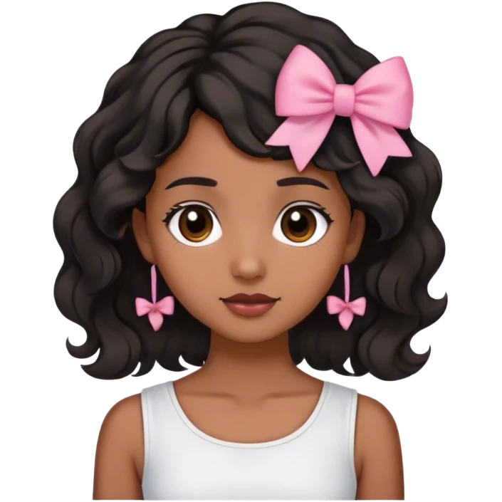 Brown skined girl with black  wavy hair till the neck wearing white top or shirt and a cute small pink bow on her hair in the left side  emoji