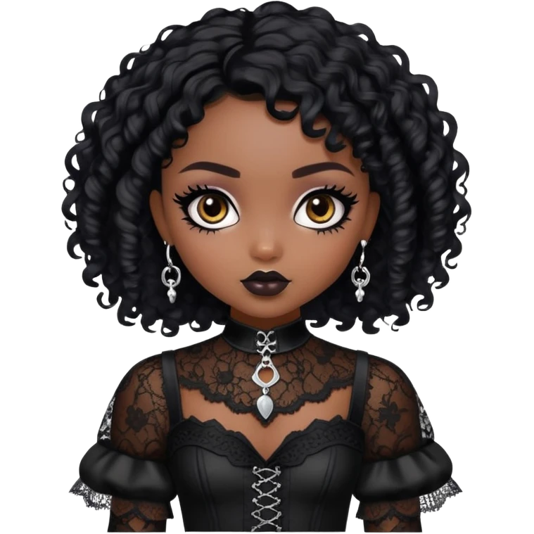 pretty bratz girl, black fat pluz size body, black skin, black curly short black people hair, brown eyes, black eyeliner, black skin, gothic lace clothes emoji