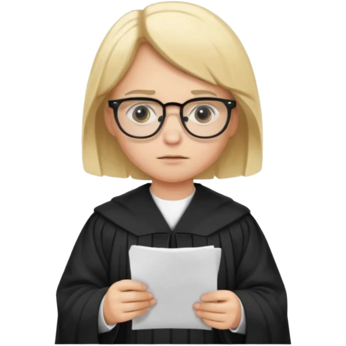 Young judge, blonde hair with glasses and robe, hold a paper emoji