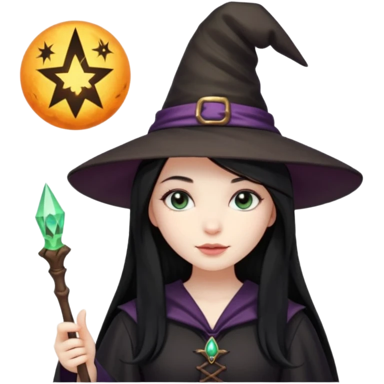 a girl with black long hair, witch hat and a magic wand in her hand emoji
