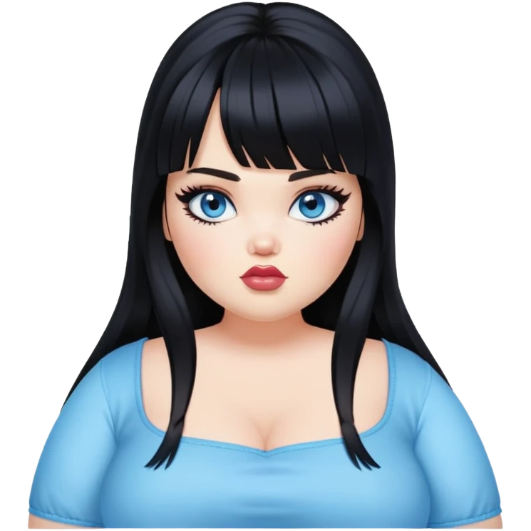 pretty alternativ aesthetic bratz girl, big plus size, black long hair, bangs, blue eyes, white skin emoji
