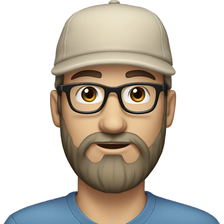 white man, with a long black beard and a beige cap, gray-blue eyes, round glasses with thin frames emoji