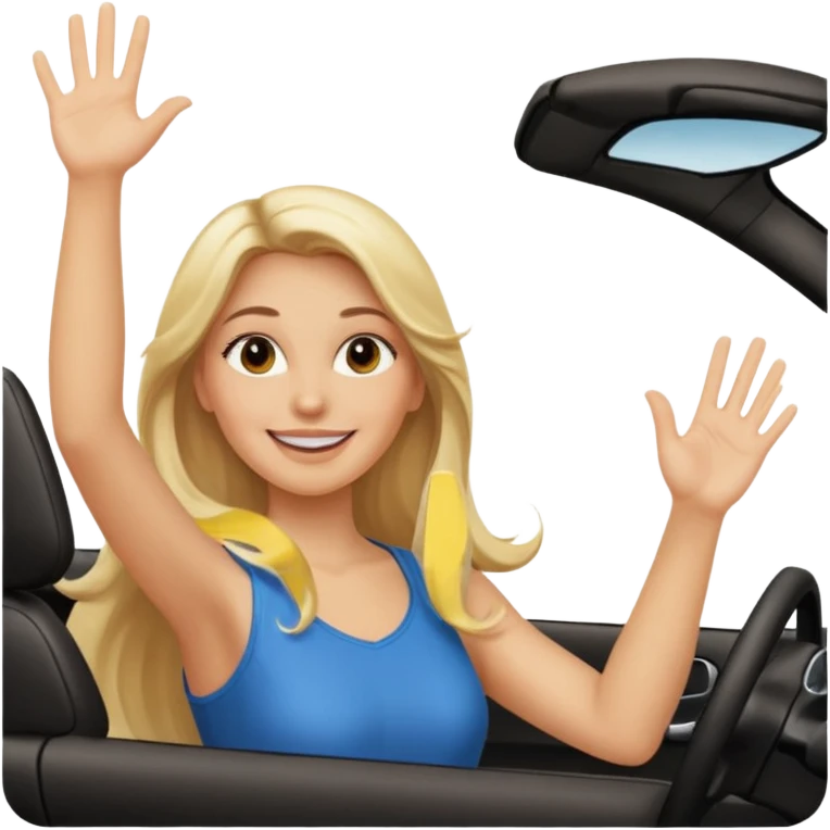blonde long hair woman driving car. one hand up Happy face confidence emoji