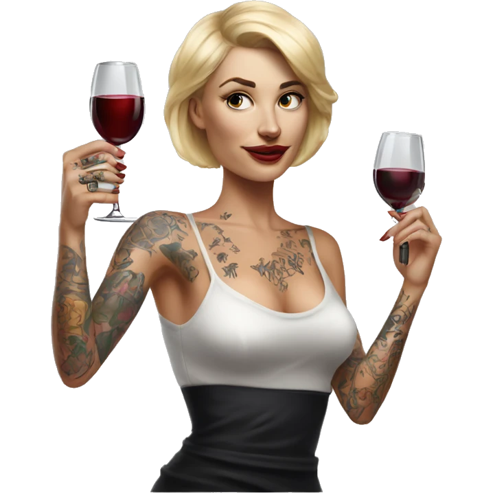 Blonde elegant women, her body covered with tattoos, wine in her one hand, pointing forward with her other hand , Hyper realistic emoji