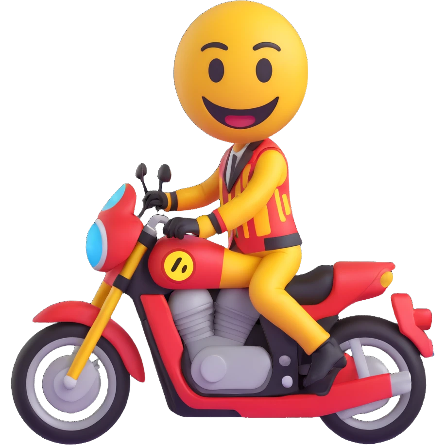 3D smiley emoji, round shape, motorcyclist in lightning patterned suit: lightning patterned motorcycle suit, funny face emoji
