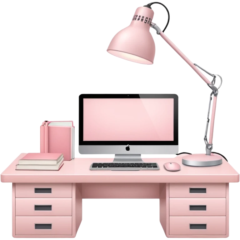 Pale Pink  Big Workstation and Light Pale Pink book and Light Pale Pink wide desk lamp and Light Pale Pink computer for Lease emoji