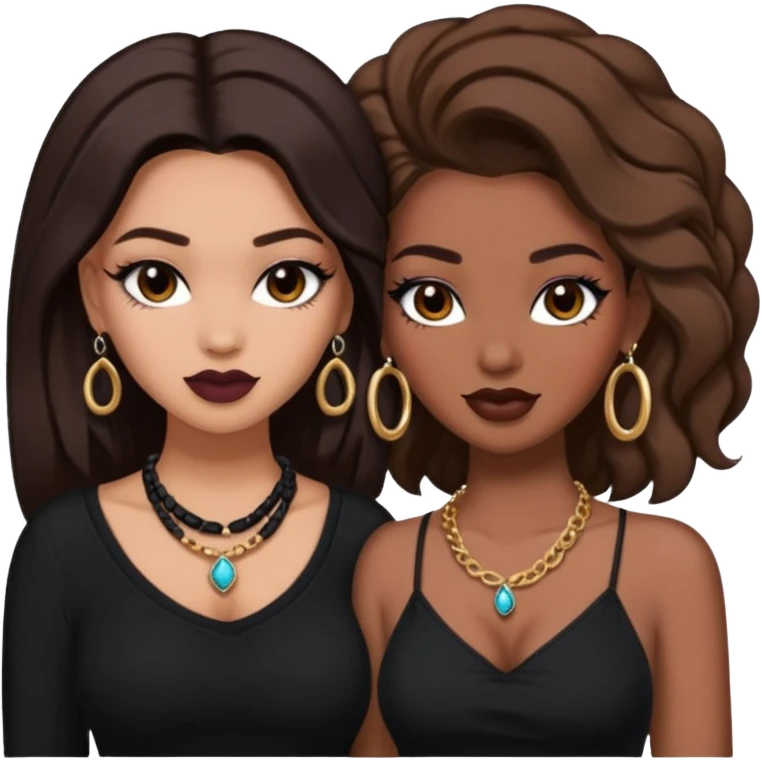 Boujy baddie best friends, trendy heavy makeup both dark hair one light skinned and one mocha brown pretty hair both wearing black and earrings and necklace one mocha brown skin better ones please  emoji