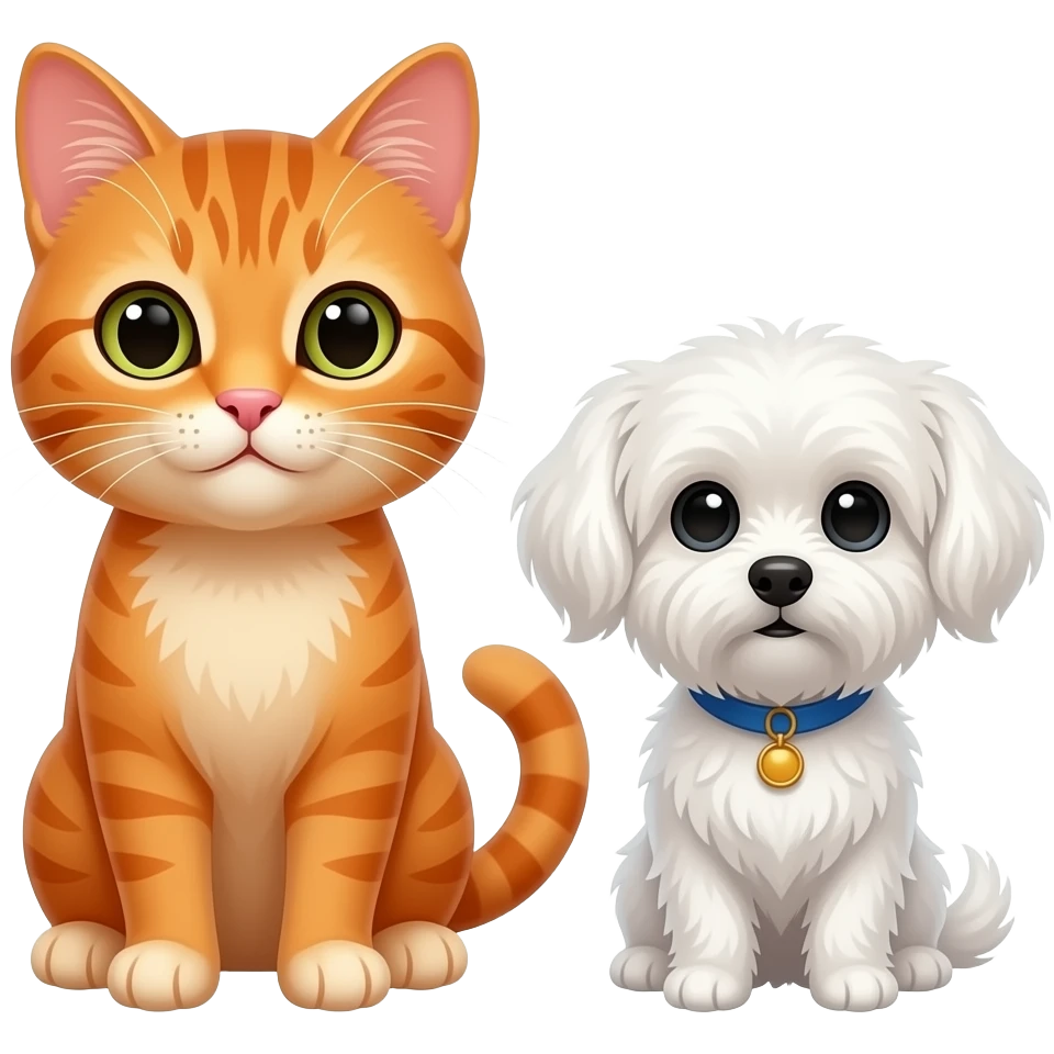 Un gato naranja pequeño y un perro con un bichon maltes de pelo blanco pequeño juntos del mismo tamaño emoji