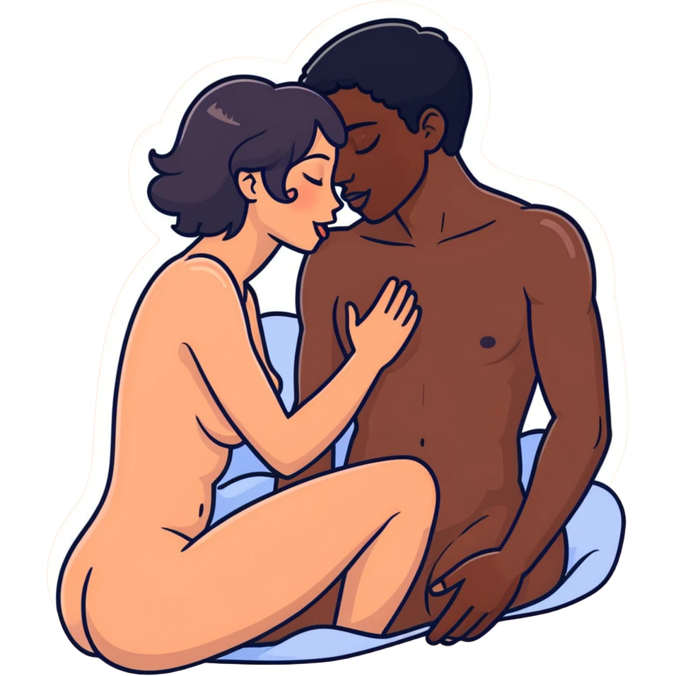 I398.67(((White adult male dark hair))) ,(((Dark skin  adult male))), naked, ((( sexual touching genitals))) , intercourse,spooning, kissing eyes closed tongue open mouth ,penis view, erotic rubbing body emoji