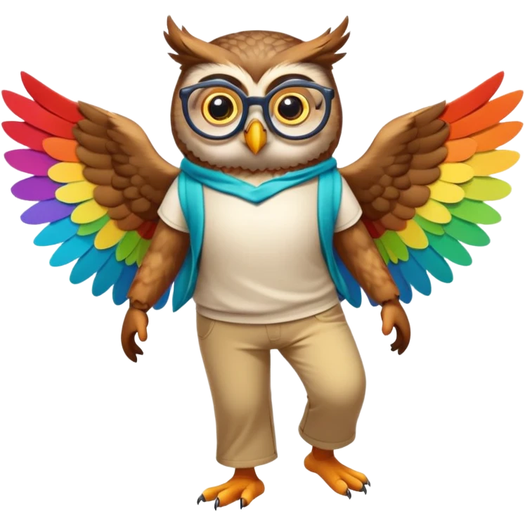 friendly anthropomorphised owl with wings instead of arms, colourful pants and shirt, wearing glasses, walking upright, unique pose 1 emoji