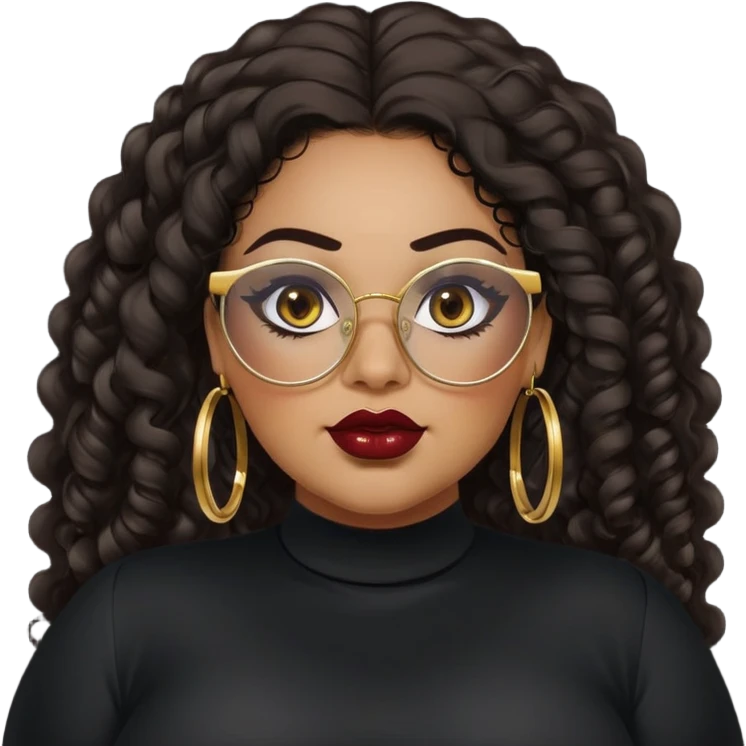 big plus size, latina, darker tan skin, gold hoops, long black curly hair, baddie,pretty, makeup, dark red lipgloss, black eyeliner, long hair, black shirt, black glasses emoji