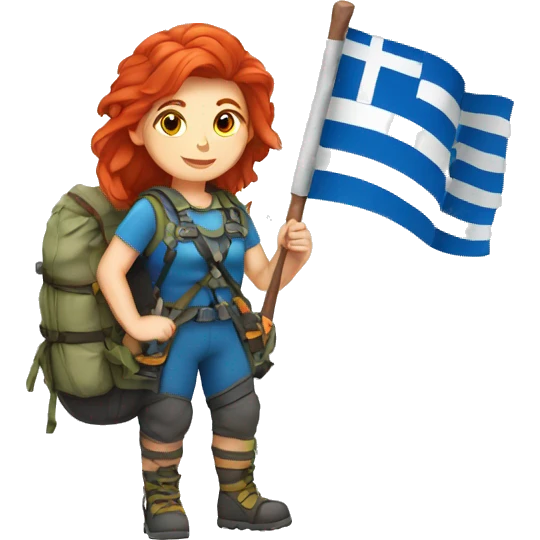Female mountain climber red hair with Greek flag and holding Easter eggs basket emoji