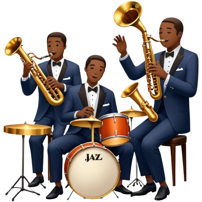 Icon for Jazz Music: The Jazz Messengers, featuring a dynamic composition with Art Blakey on drums and musicians playing saxophone, trumpet, and piano. Musical notes and a warm jazz club atmosphere emphasize the vibrant hard bop style. Transparent background. emoji