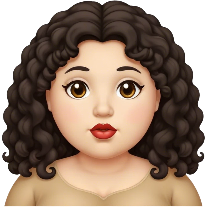 Chubby,long black curly hair, almond eyes dark brown, heart shaped lips, and flat nose emoji