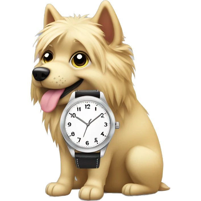Blonde furry dog looking at wrist watch emoji