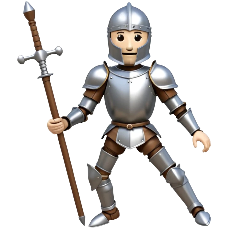3D render of Knight Puppet as a wooden marionette puppet, Painted silver wood armor, strings, silver metal screw joints at elbows and knees, polished brown wood texture, rigid toy pose, emoji style, isolated on white background --v 6.0. emoji