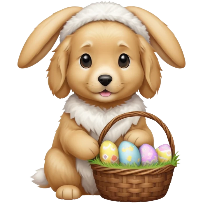 Golden retriever dressed like an Easter bunny, holding Ann Easter basket with a bunny in it emoji