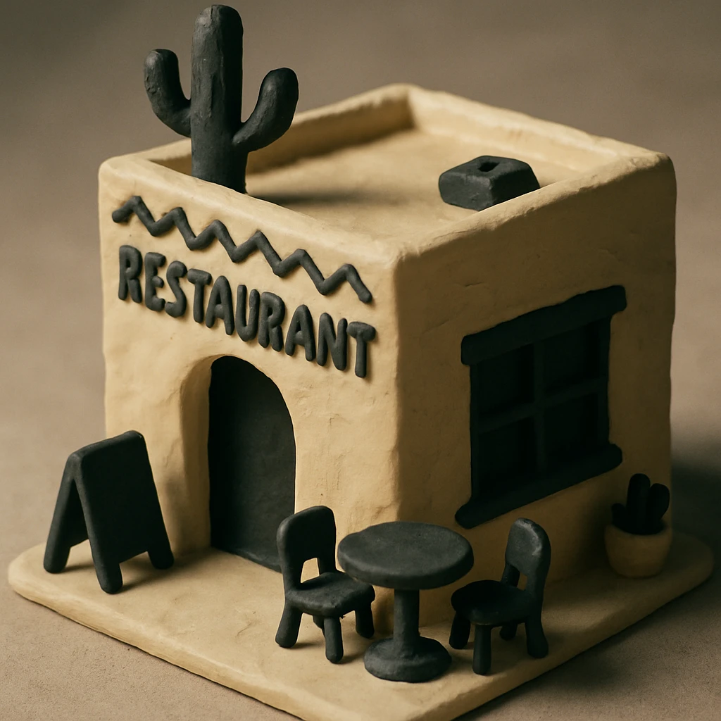 isometric exterior of a small southwestern restaurant, black, beige, and white color palette, 3D realistic, claymation look emoji